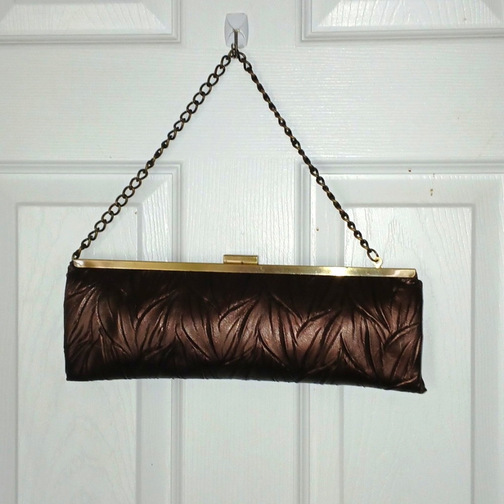 Jessica McClintock Vintage Crinkle Leather Rectangle Dark Brown Shimmer Clutch